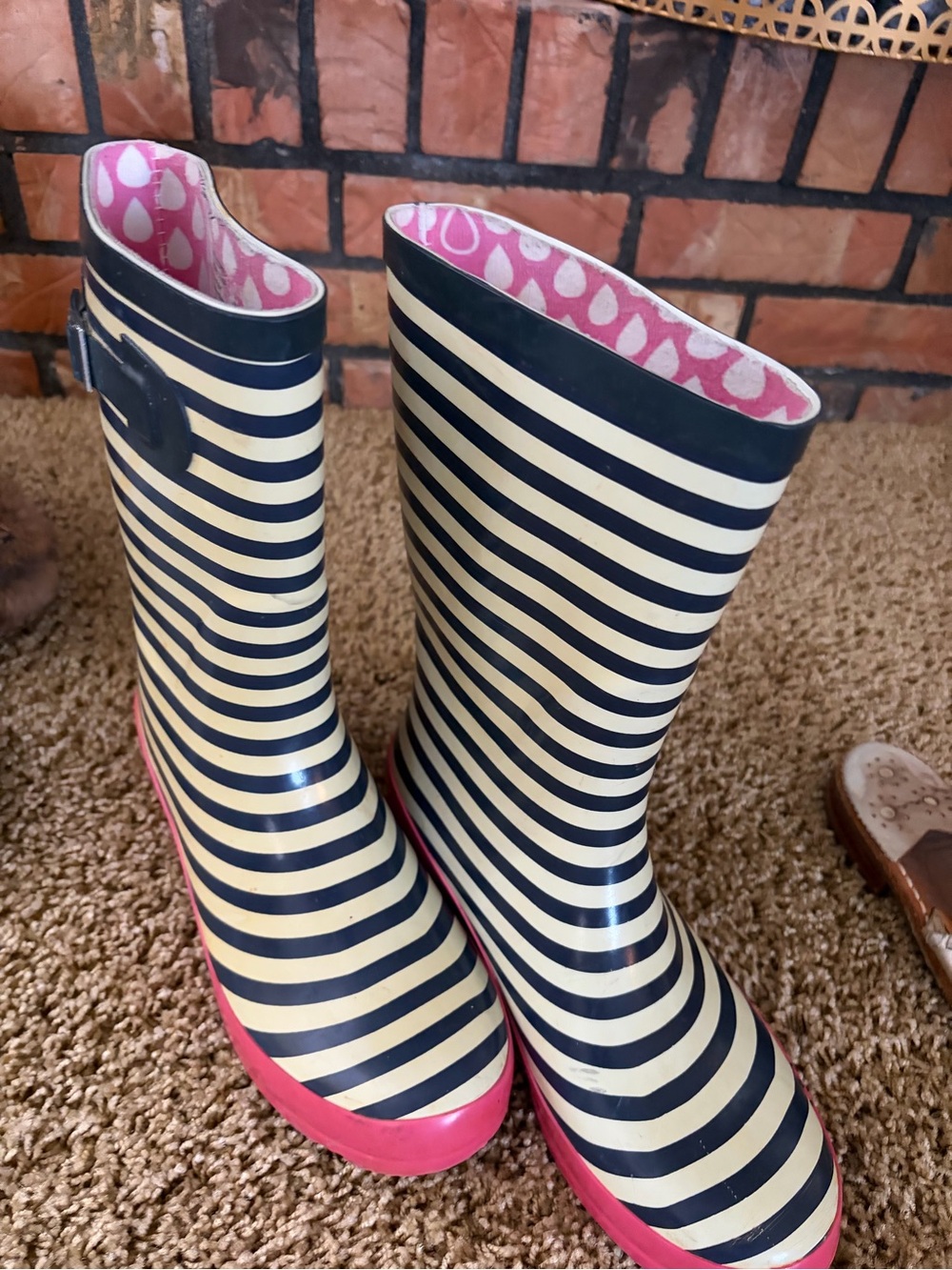 Striped Navy & Cream Rain Boots with Pink Trim